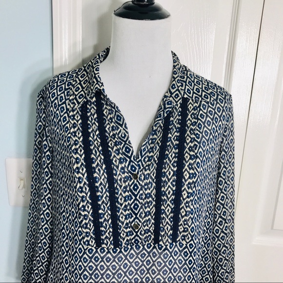 Lucky Brand Sheer Navy Blue & Cream Boho Peasant Top Size Small - Picture 3 of 7